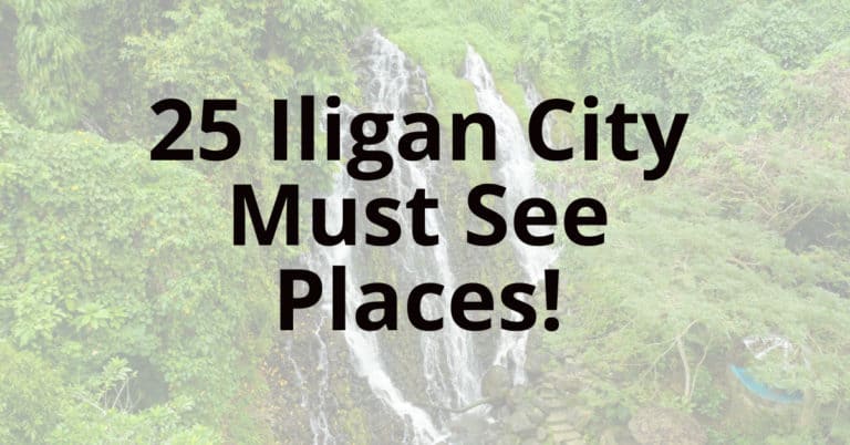 Text 25 Must-See Places in Iligan City! over a lush waterfall background.