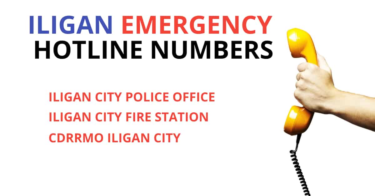 ILIGAN CITY EMERGENCY HOTLINE NUMBERS, with a hand holding a yellow phone receiver.