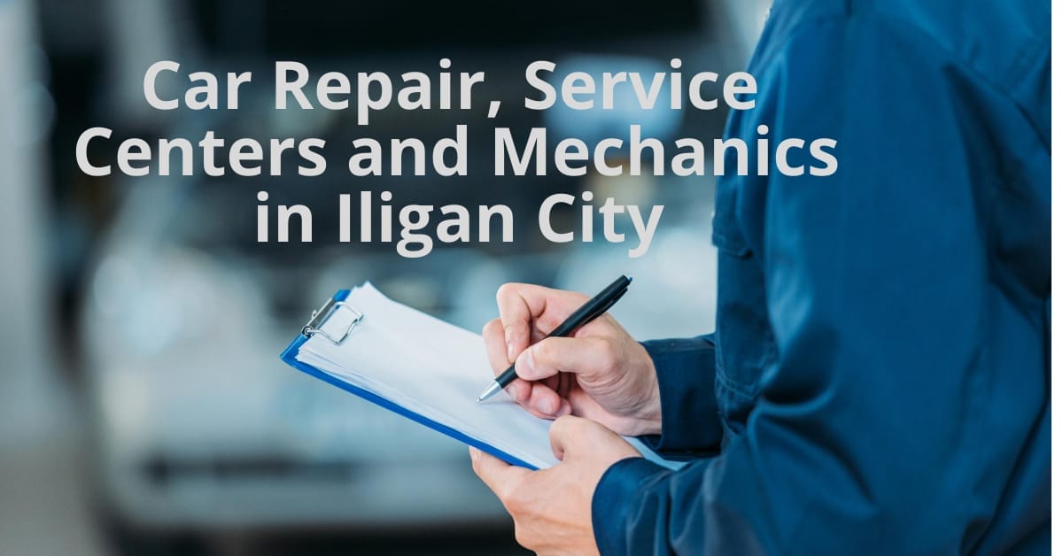 Person in blue uniform writing on a clipboard with Car Repair and Service Centers in Iligan City text.