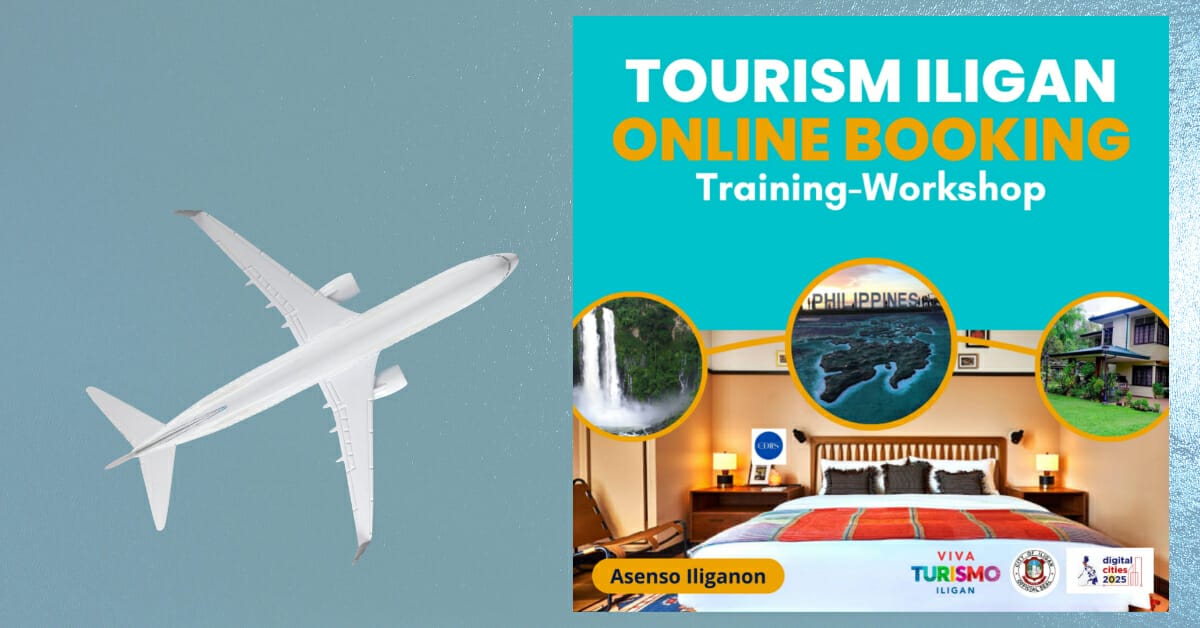 Airplane on teal background; Tourism Iligan City online booking workshop ad with waterfall, room, and houses.