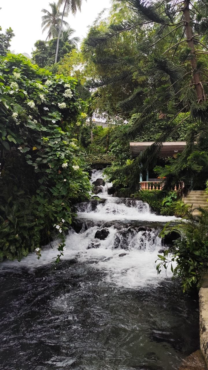 Cascading Iligan City waterfalls surrounded by lush greenery and a small gazebo on the right.